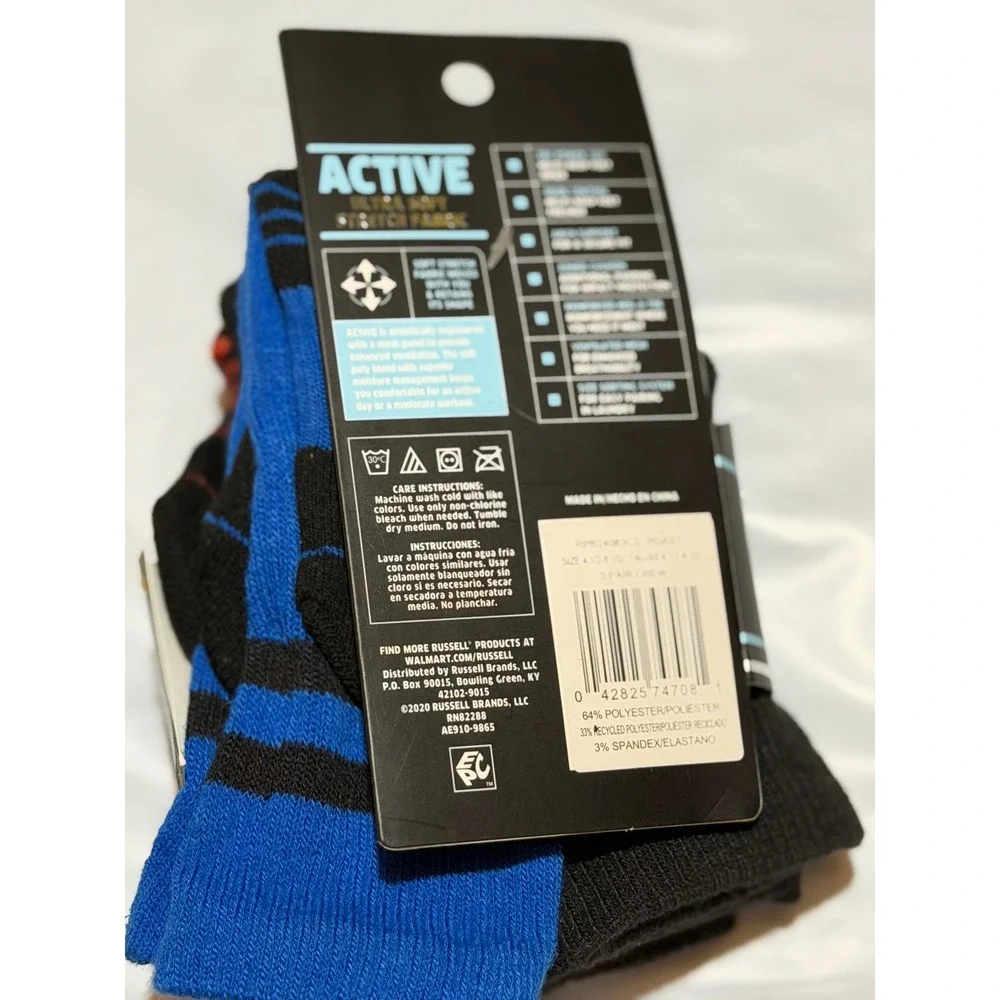 Russell Performance Crew Socks Multicolor Camo Stripe Active Athletic S/CH Boys